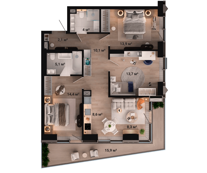 Квартира с 3 спальнями